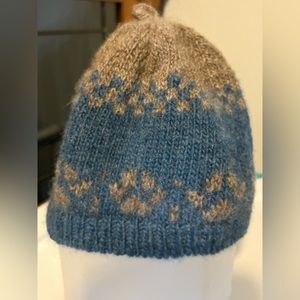 Hand made knit beanie - blue and gray with gray paw prints